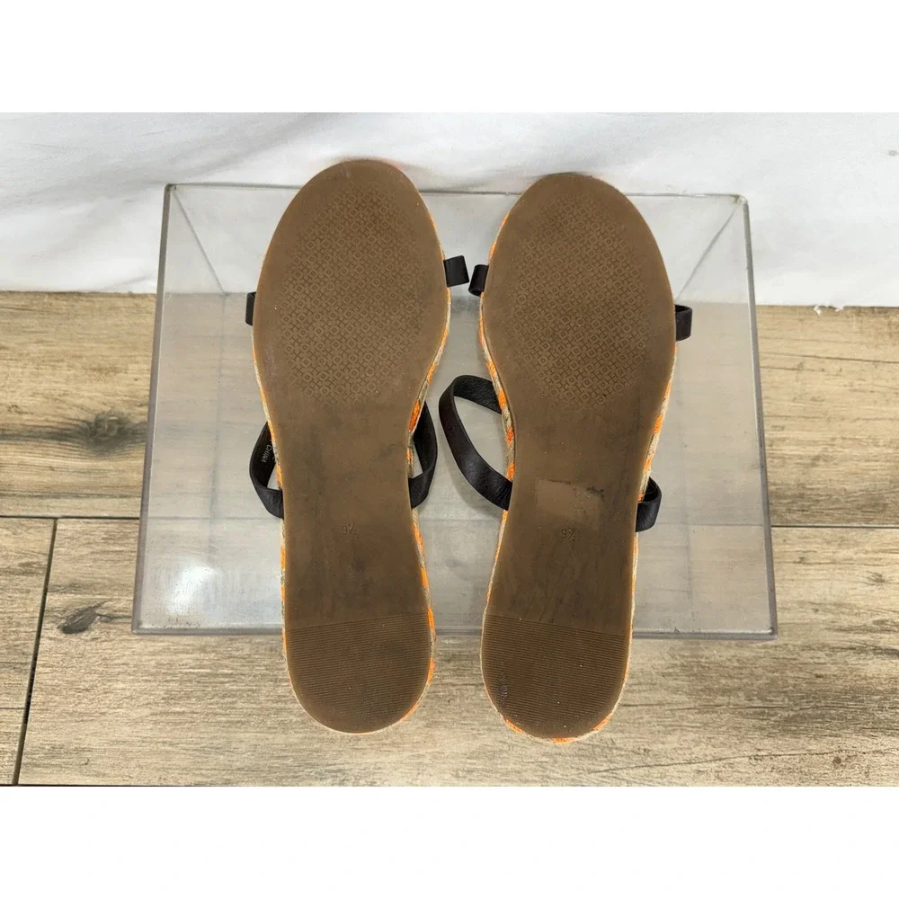 Tory‎ Burch Women Orange Tan Woven Rope Espadrille Sandals Brown Leather 9.5